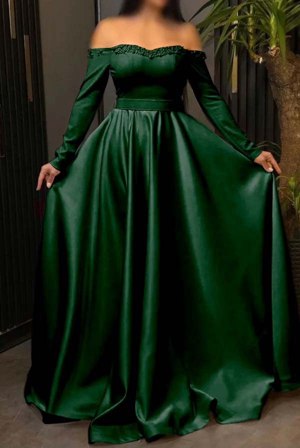 Off the Shoulder Long Sleeves Long Prom Dress With Pleated Beading BMBRIDE