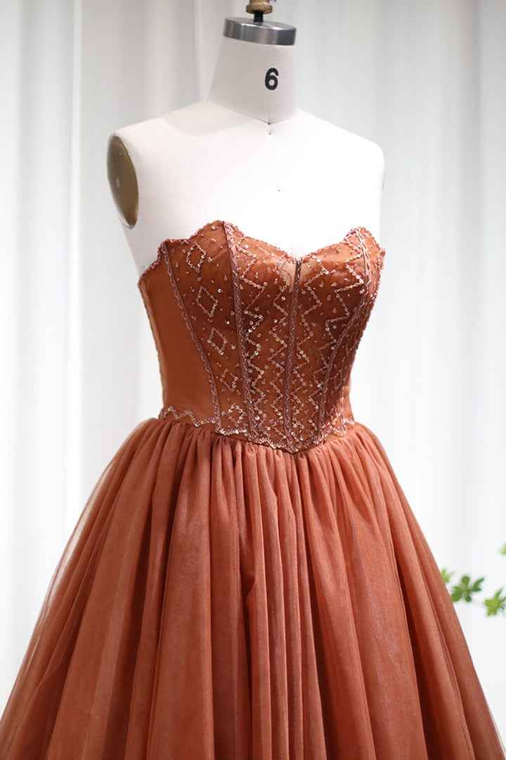 A Line Strapless Prom Dress Floor Length Tulle With Appliques