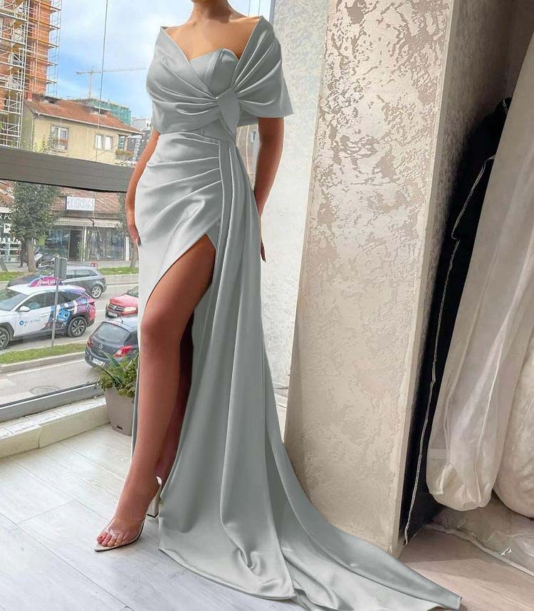Gorgeous Dusty Sage Prom Dress High Split With Ruffles Pleated