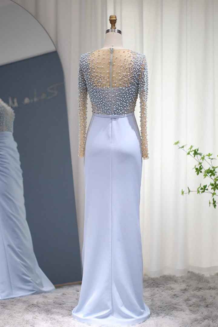 Jewel Neck Mermaid Wrinkled Prom Dress Long Sleeves With Beading