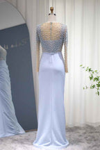 Jewel Neck Mermaid Wrinkled Prom Dress Long Sleeves With Beading