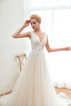 Romantic Wide Strap Deep V-Neck Floor-Length A-Line Wedding Dress with Tulle BM bride