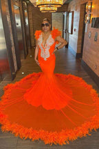 Sleeveless Charming Beads Mermaid Orange Prom Dress Appliques With Feathers
