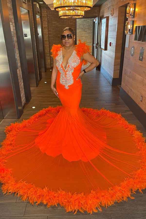 Sleeveless Charming Beads Mermaid Orange Prom Dress Appliques With Feathers