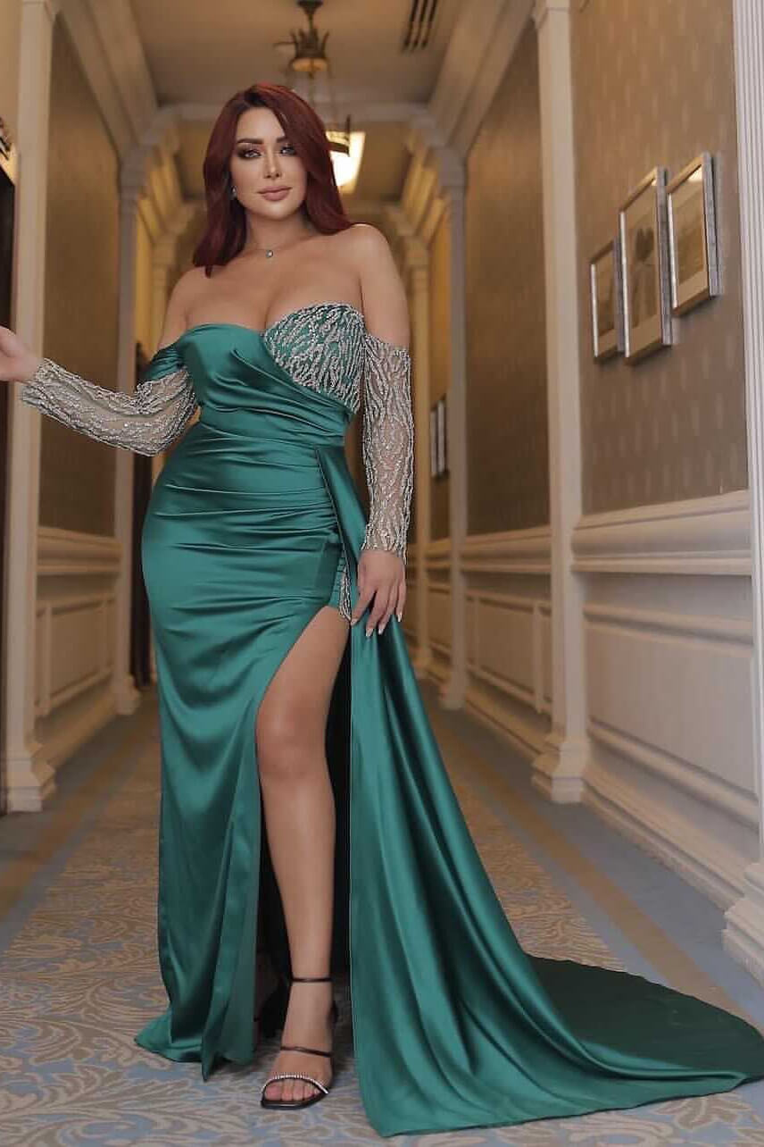 Sexy Emerald Green Off the Shoulder Long Sleeves Mermaid Prom Dress With Beading Split BMBRIDE