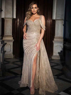 Gorgeous Off the Shoulder Champagne Bead Embroidery Princess Prom Dress