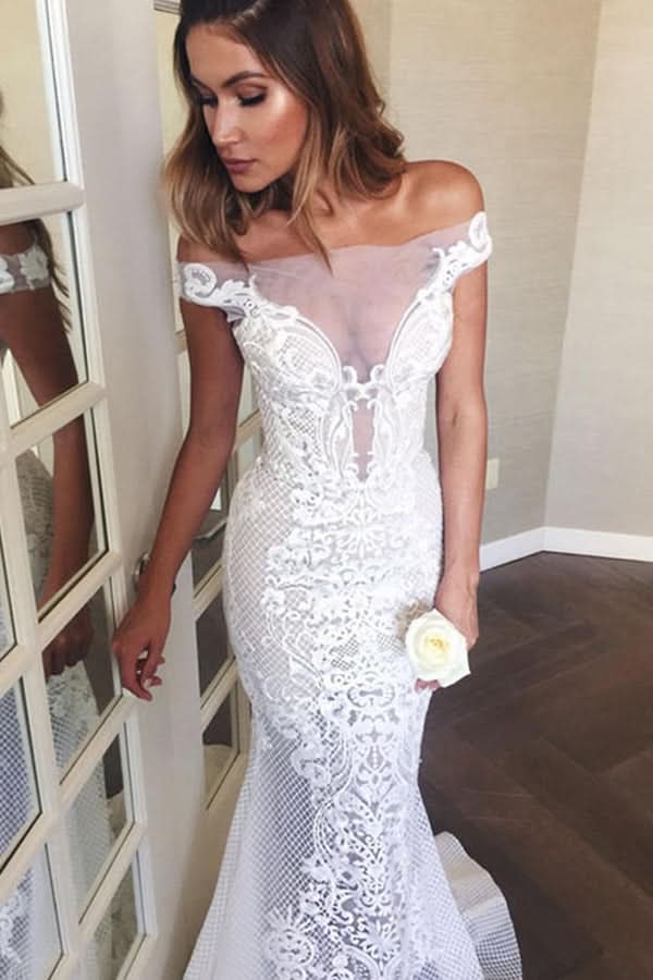 Off-the-Shoulder Sweep Train Mermaid Wedding Dress with Appliques BM bride
