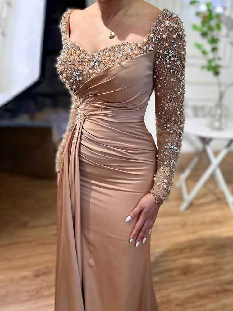 Elegant Long Sleeves Dusty Rose Bead Embroidery Mermaid Prom Dress