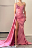 Pink V-Neck Beads Long Slit Mermaid Evening Dress with Ruffles BM bride