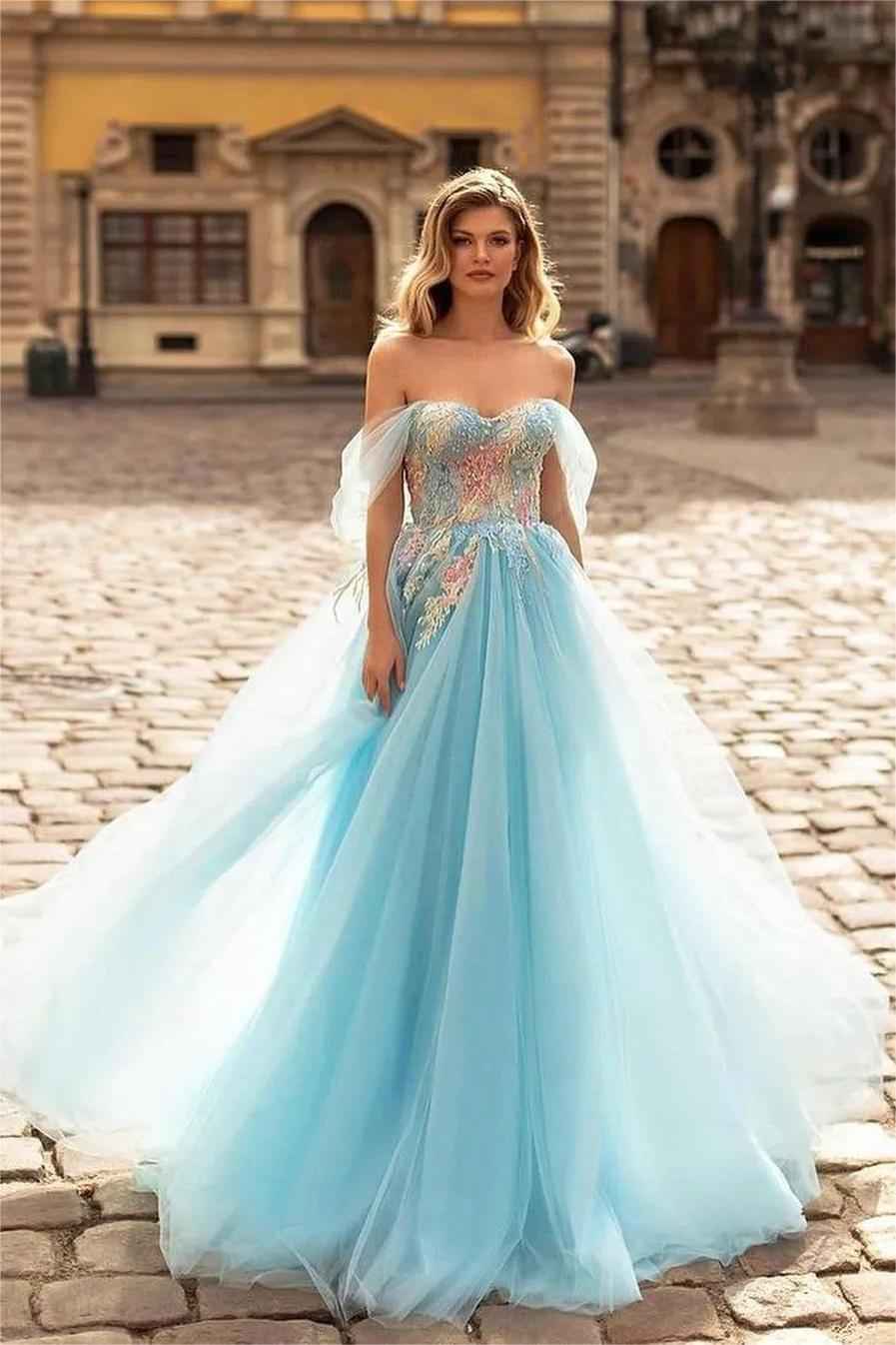 Sky Blue Off the Shoulder Tulle Sleeveless Sweetheart A Line Long Prom Dress