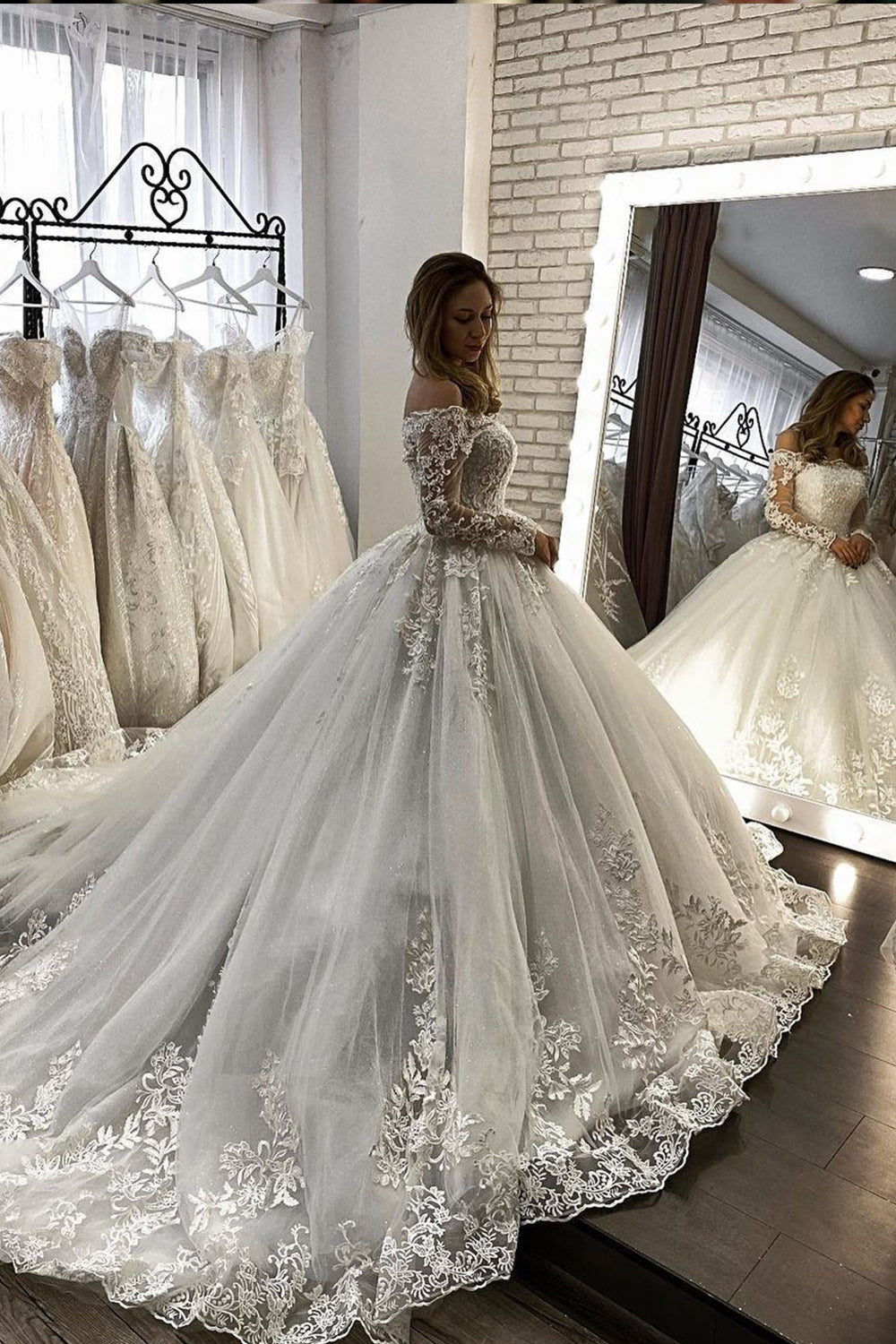 Off The Shoulder Long Sleeve Illusion Ball Gown Wedding Dress with Enchanting Details BM bride