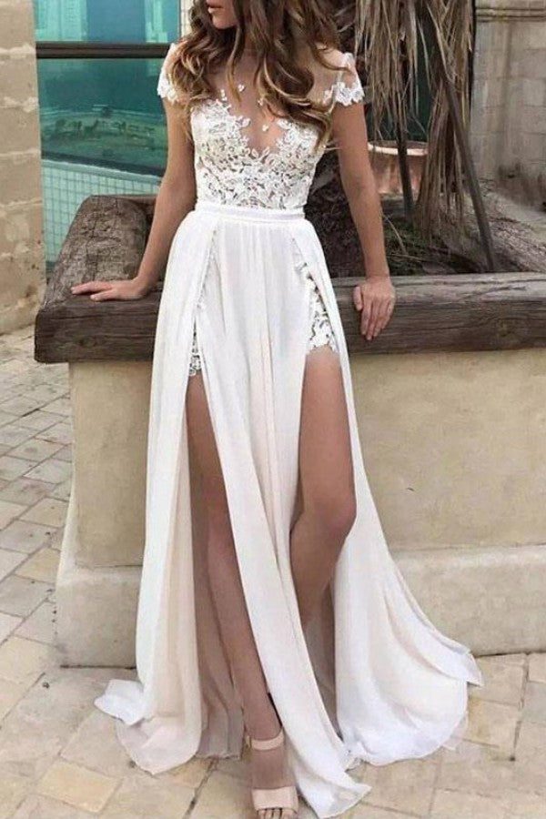Short Sleeve Lace Wedding Dress with Slit BM bride
