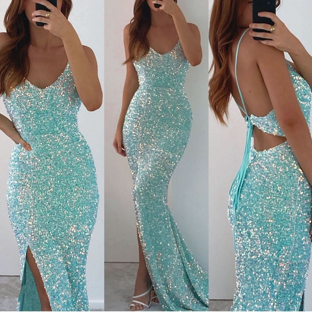 Spaghetti-Straps V-Neck Long Sequined Mermaid Prom Dress with Split BM bride
