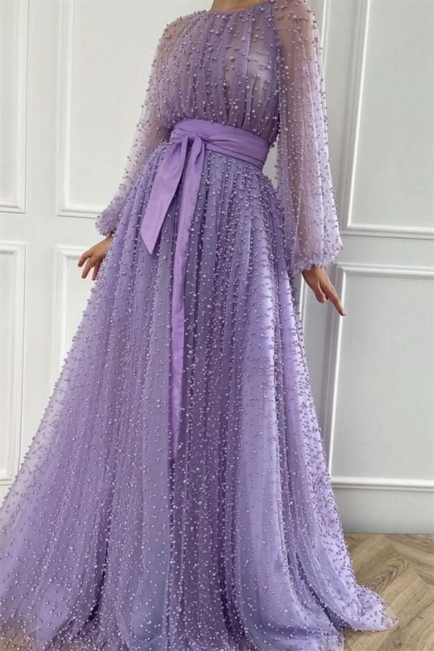 Lilac Pearls Mermaid Evening Dress with Beadings, Jewel, and Belt Online BM bride