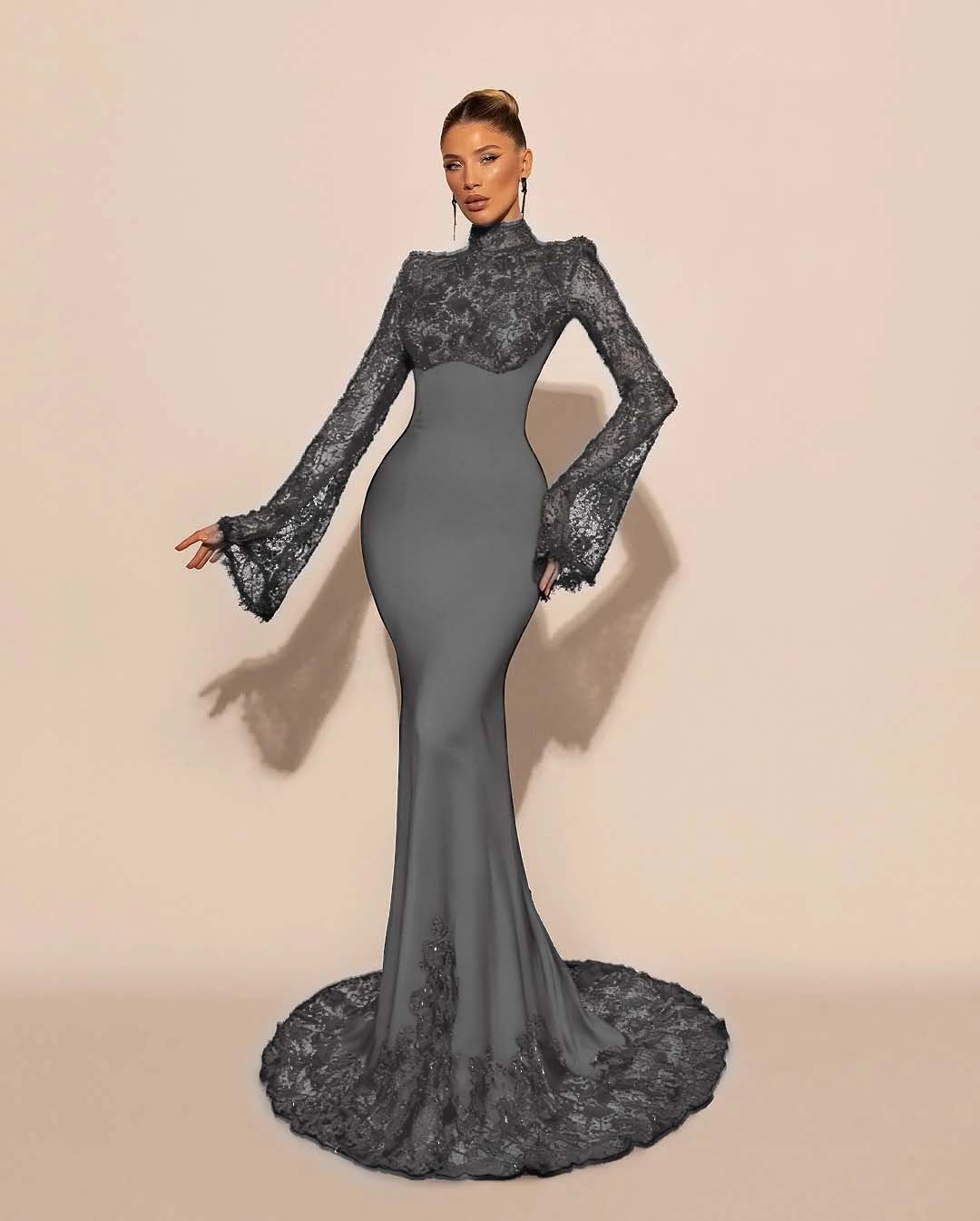 High Neck Lace Long Sleeves Long Mermaid Prom Dress With Pleated BMBRIDE