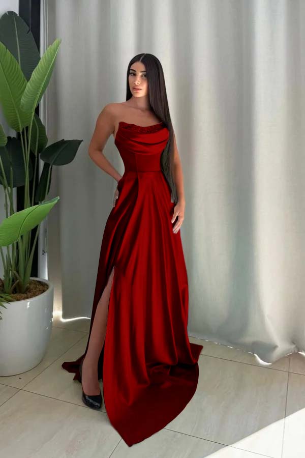 Strapless Sleeveless Long Split Prom Dress With Pleated Sequin