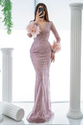 Pink Long Sleeves Beadings V-Neck Feather Mermaid Prom Dress BM bride