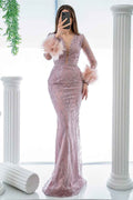 Prom Dress Pink Long Sleeves Beading V Neck Feather Mermaid