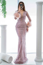 Prom Dress Pink Long Sleeves Beading V Neck Feather Mermaid