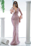 Pink Long Sleeves Beadings V-Neck Feather Mermaid Prom Dress BM bride
