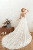 Romantic Wide Strap Deep V-Neck Floor-Length A-Line Wedding Dress with Tulle BM bride