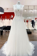 V-Neck Sleeveless Long A-Line Tulle Wedding Dress with Lace Ruffles BM bride