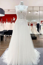 V-Neck Sleeveless Long A-Line Tulle Wedding Dress with Lace Ruffles BM bride