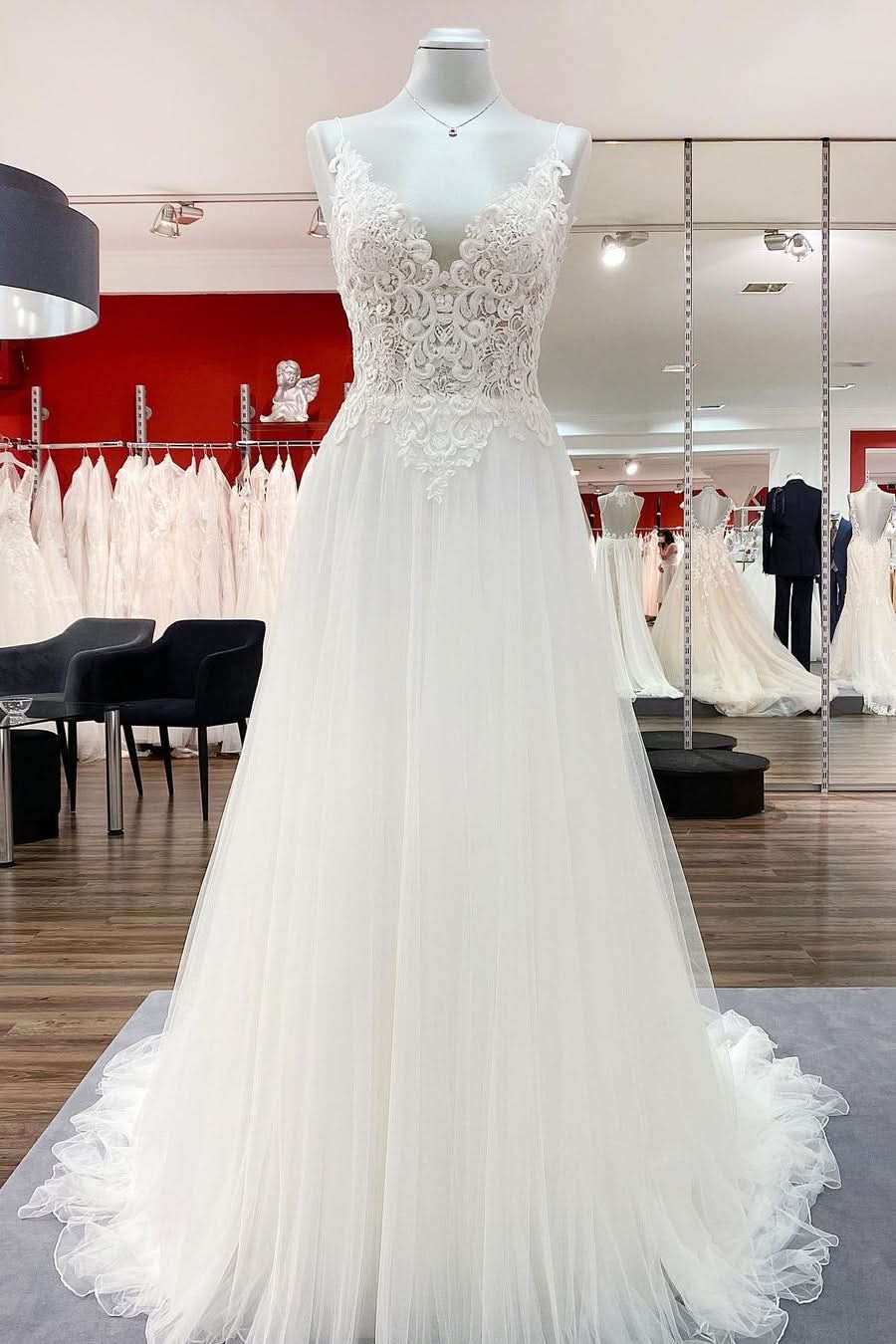 V-Neck Sleeveless Long A-Line Tulle Wedding Dress with Lace Ruffles BM bride