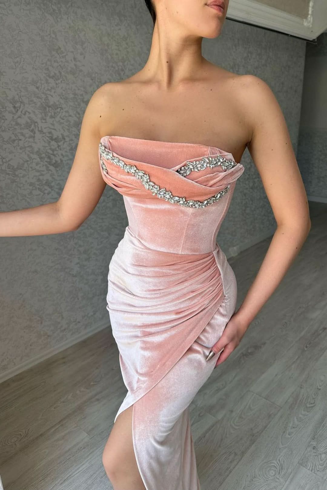 Pink Velvet Strapless Sleeveless Prom Dress with Beadings and Slit BM bride