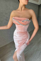 Velvet Prom Dress Pink Beading With Split Sleeveless Strapless