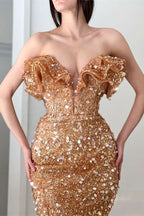 Champagne V Neck Pleated Sequins Prom Dress with Slit BM bride