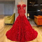 Fashion Red Sequin Prom Dress, Long Sleeves A-Line with Feather BM bride