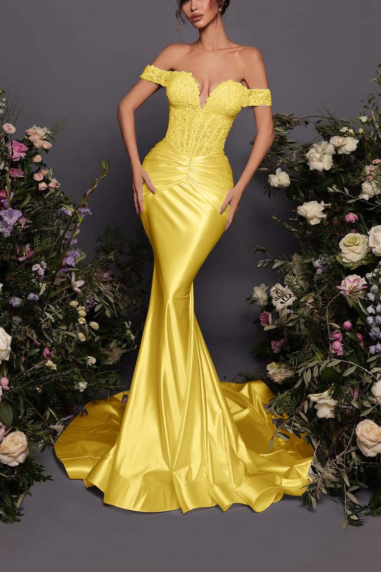 Off The Shoulder Sleeveless Long Mermaid Prom Dress With Pleated BMBRIDE