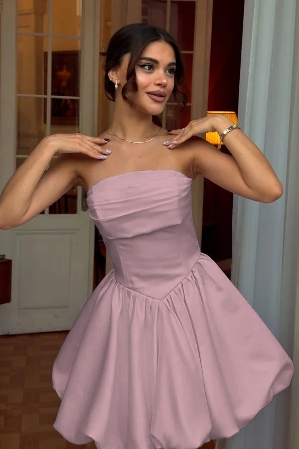 Chic Strapless Sleeveless Short A Line Prom Dress With Pleated BMBRIDE