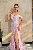 Stunning Off the Shoulder Sleeveless Beaded Long Split Prom Dress With Feathers