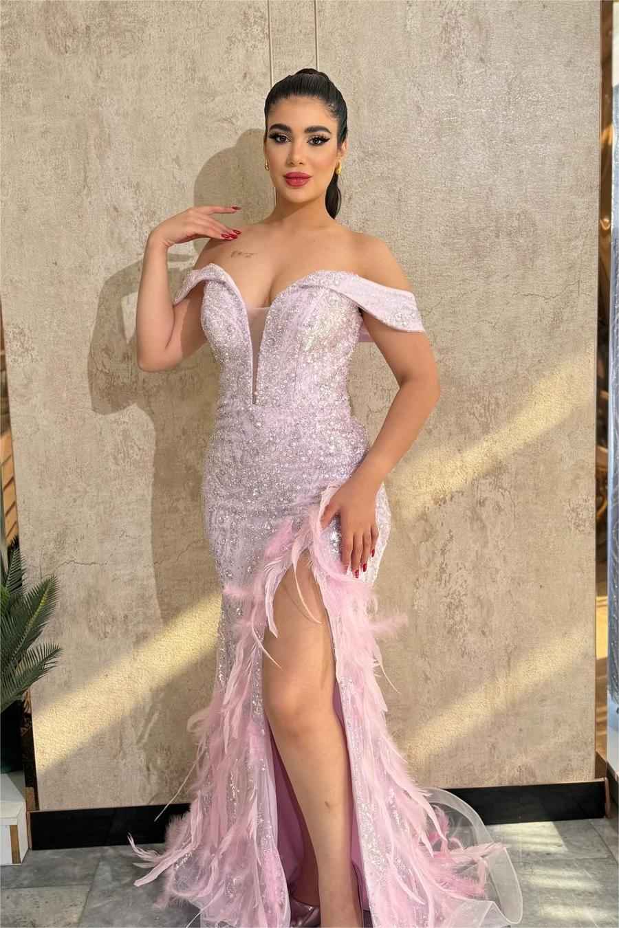 Stunning Off the Shoulder Sleeveless Beaded Long Split Prom Dress With Feathers