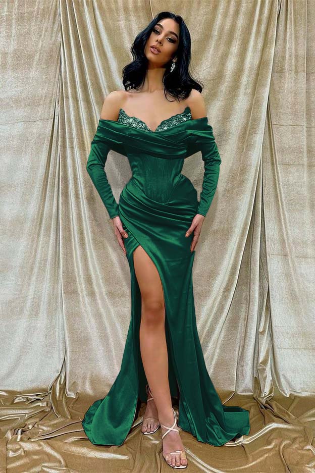 Off the Shoulder Long Sleeves Mermaid Long Prom Dress With Beading BMBRIDE