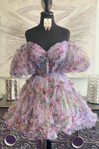 Purple Floral Off the Shoulder A-Line Short Homecoming Dress Bmbride