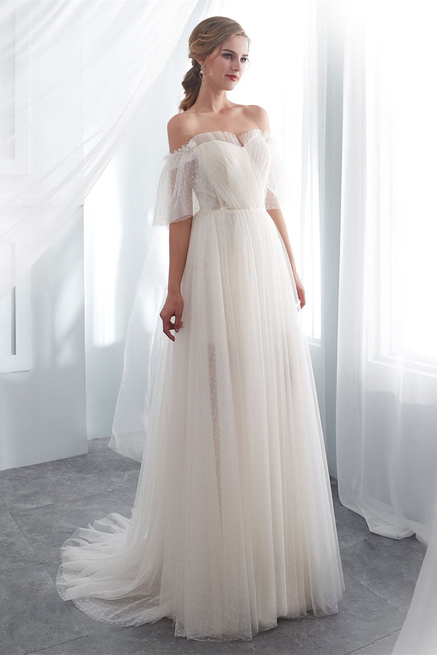 Off-the-Shoulder Tulle Beach Wedding Dress BM bride