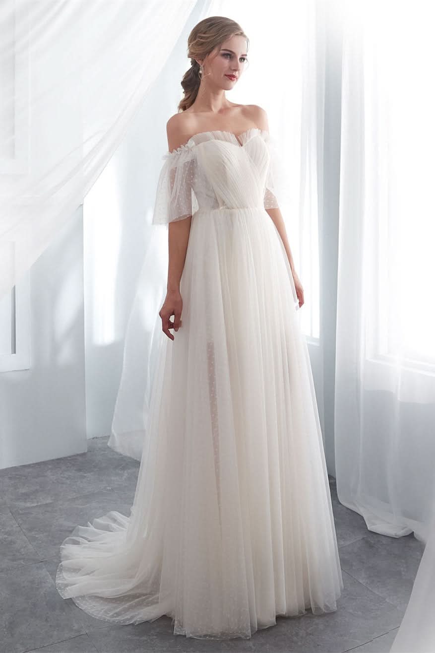 Off-the-Shoulder Tulle Beach Wedding Dress BM bride
