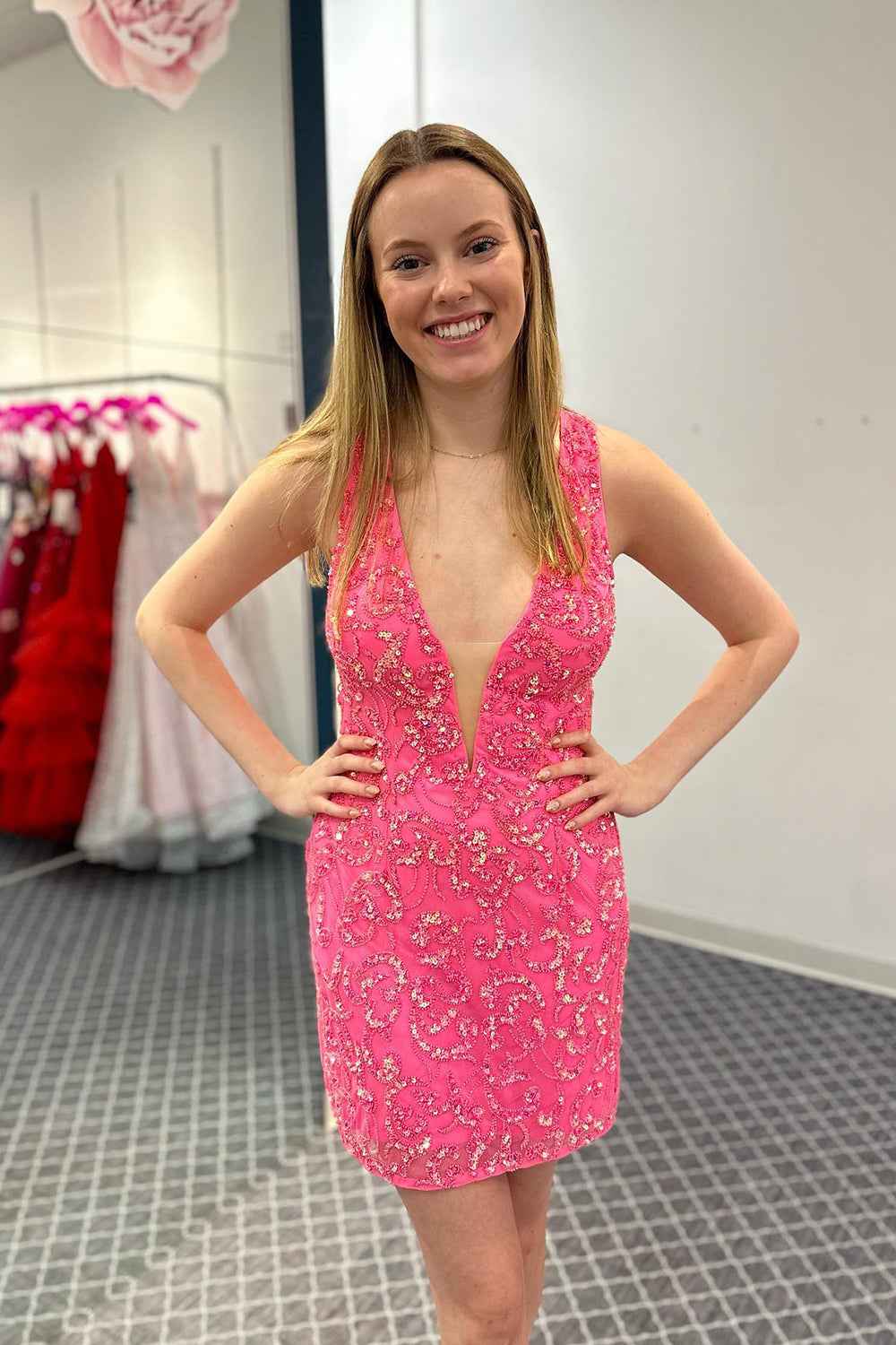 Sparkly Fuchsia Fringed Open Back Tight Short Homecoming Dress
