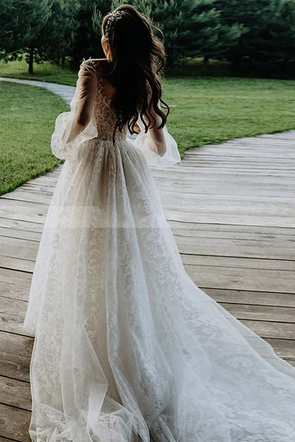 Stunning A-line Long Sleeves Lace Wedding Dress With Tulle BM bride