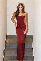 Charming Burgundy Stain Strapless Sleeveless Long Mermaid Prom Dress With Pleated
