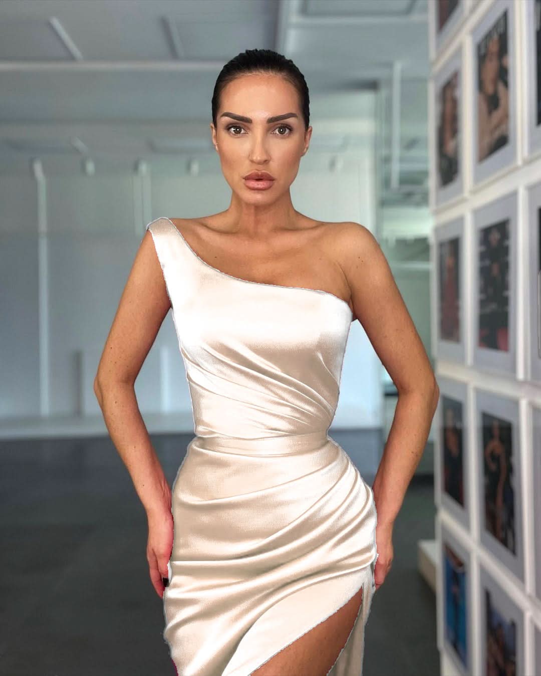 Elegant Rose One Shoulder Evening Dress with Sleeveless and Slit BM bride