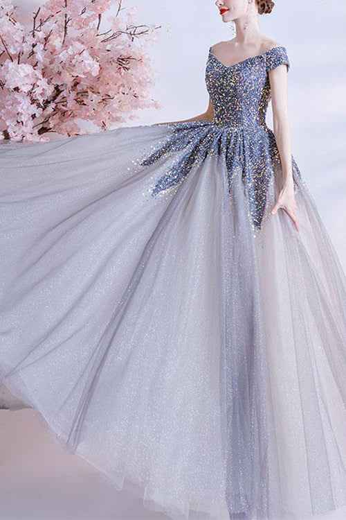 Gorgeous Off the Shoulder Long Ball Grown Prom Dress With Sweetheart Sequins