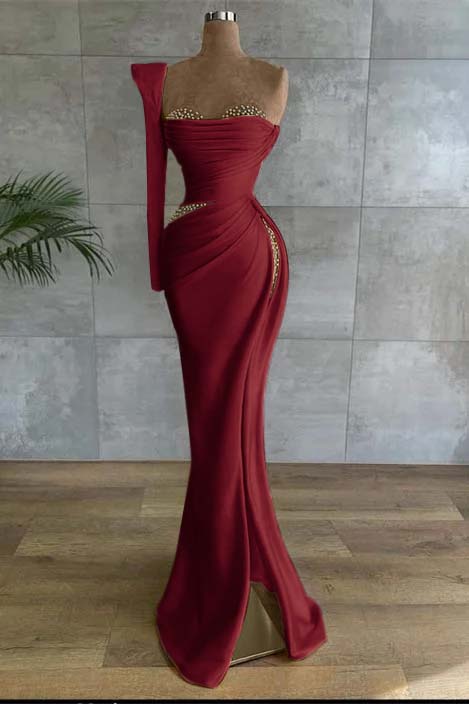 One Shoulder Long Sleeve Long High Split Prom Dress With Beading BMBRIDE