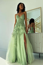 Lovely Sage Green V Neck Tulle A-Line Long Prom Dress with Appliques BM bride