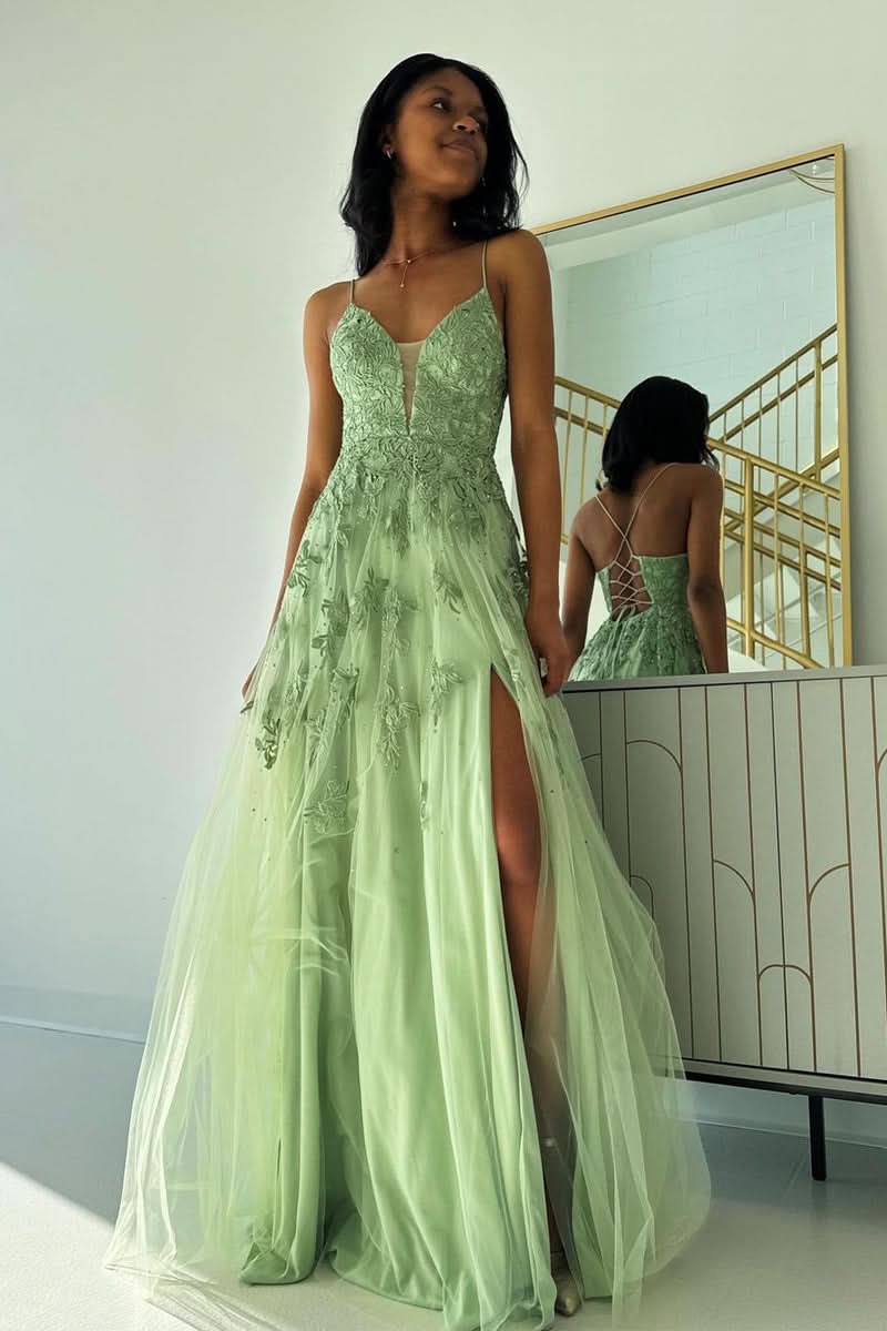 Lovely Sage Green V Neck Tulle A-Line Long Prom Dress with Appliques BM bride
