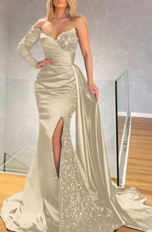 Long Sleeve Strapless Long Split Prom Dress With Pleated Sequins BMBRIDE