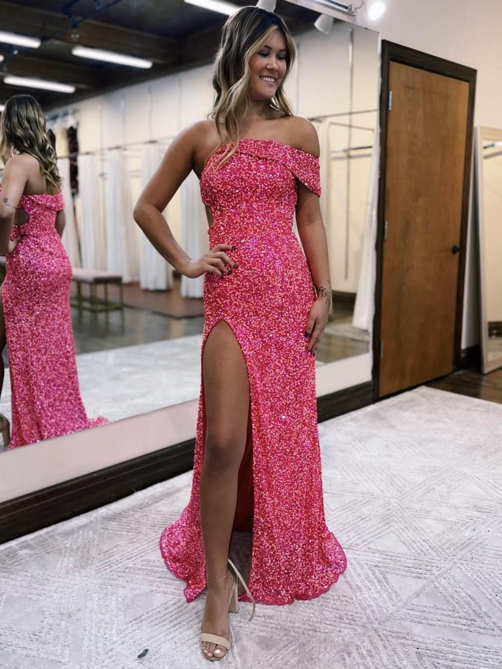 Dazzling Glitter Mermaid One Shoulder Pink Long Prom Dress with Slit BM bride
